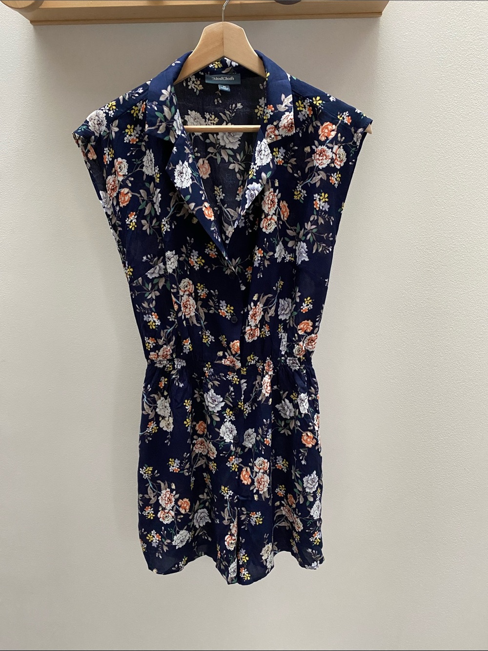 ModCloth Navy Floral Collared Sleeveless Romper